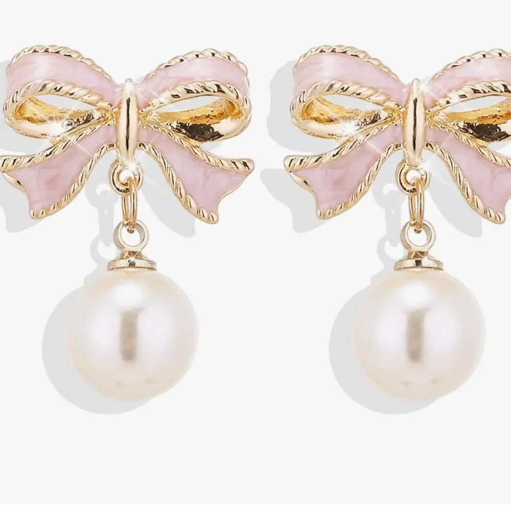 Bow Rhinestone Pearl Earrings - Picture 2 of 4